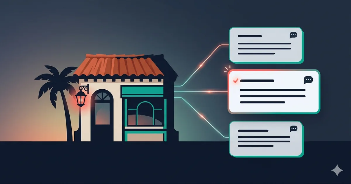 Stylized St. Augustine storefront silhouette with three floating AI chat-answer cards naming local businesses — representing a small business being recommended directly inside ChatGPT, Perplexity, and Google AI Overviews answers