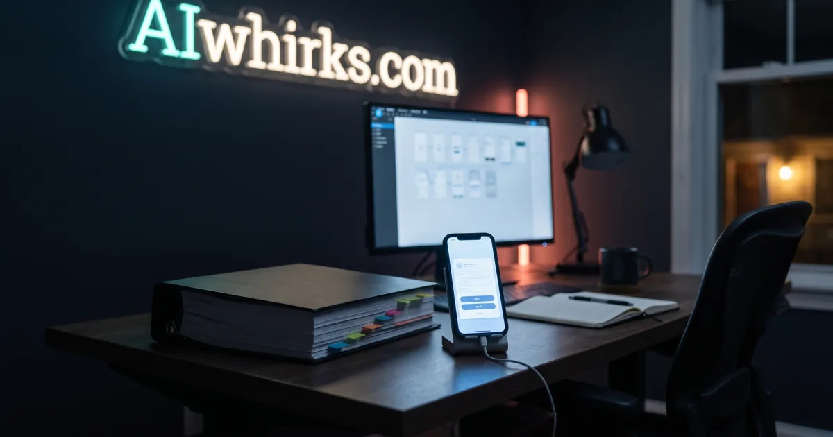 A home office desk at night with the chair pushed back, a phone on a stand glowing with a working app screen in front of a thick printed specification binder left closed - the moment a client tries the app instead of reading about it