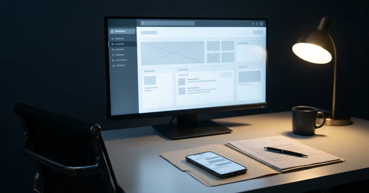 An empty office desk at night with a half-built app glowing on the monitor, a phone showing an unanswered message thread and a folder of papers under the lamp - a business owner taking stock after their developer went quiet