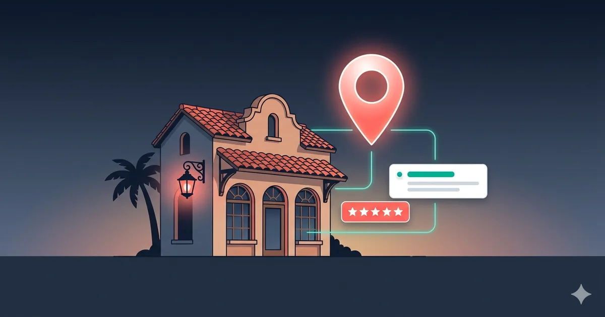 Stylized Google map pin floating above a St. Augustine historic-district storefront with a glowing five-star review badge — representing a fully optimized Google Business Profile for a local service business