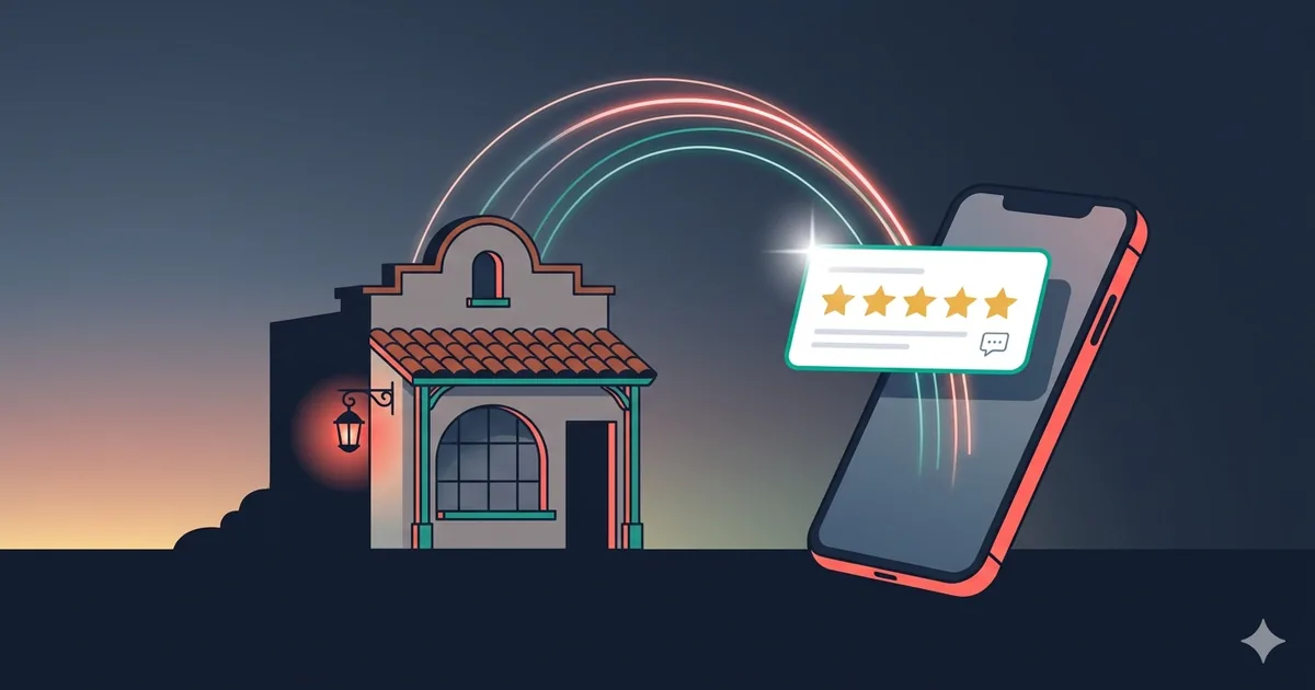 Stylized smartphone with a five-star Google review notification floating above a St. Augustine storefront — representing a small business systematically earning real customer reviews