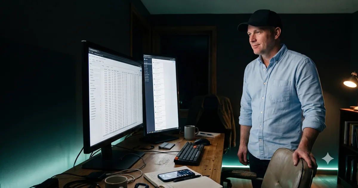 A man standing at a home office desk late at night, one monitor filled with a dense admin table of every record in the system and the other with a long queue of pending customer requests, a phone lighting up with more - one person and one desk between the customers and the system