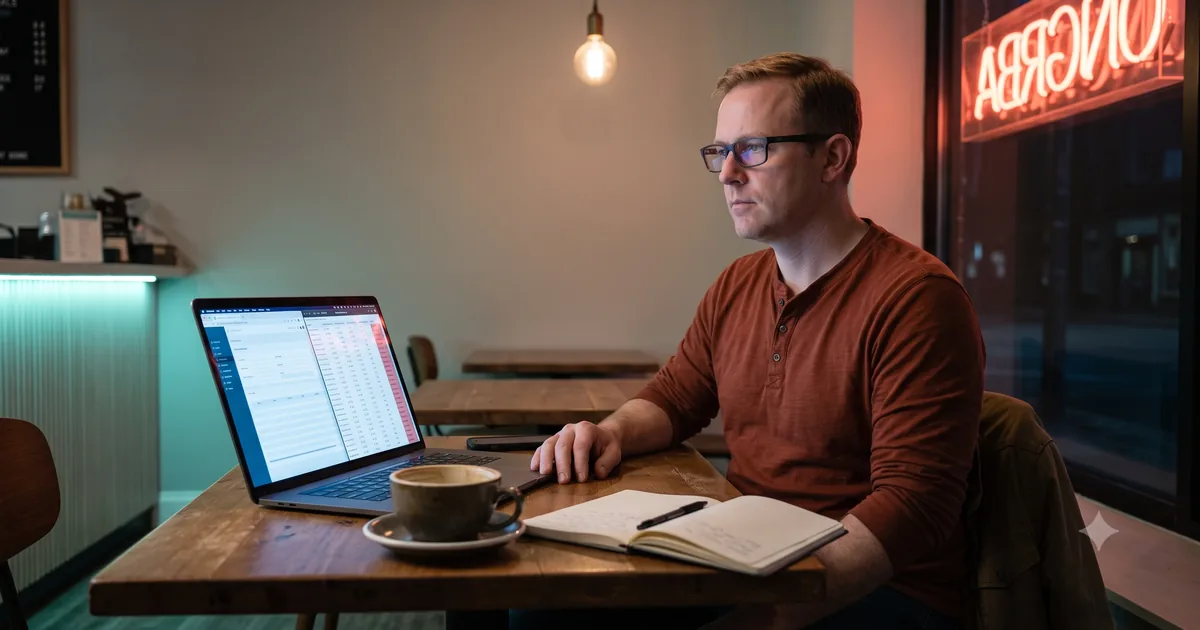 A man working on a laptop at a quiet cafe table late at night, the screen split between an ordinary business application running normally and a version table flagging the platform underneath it as end of life - checking what an aging system is actually running on
