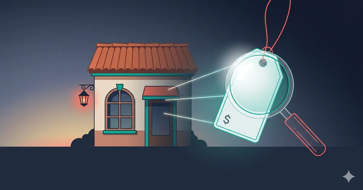 Stylized price-tag and magnifying-glass over a St. Augustine historic-district storefront — representing honest, transparent local SEO pricing for small businesses
