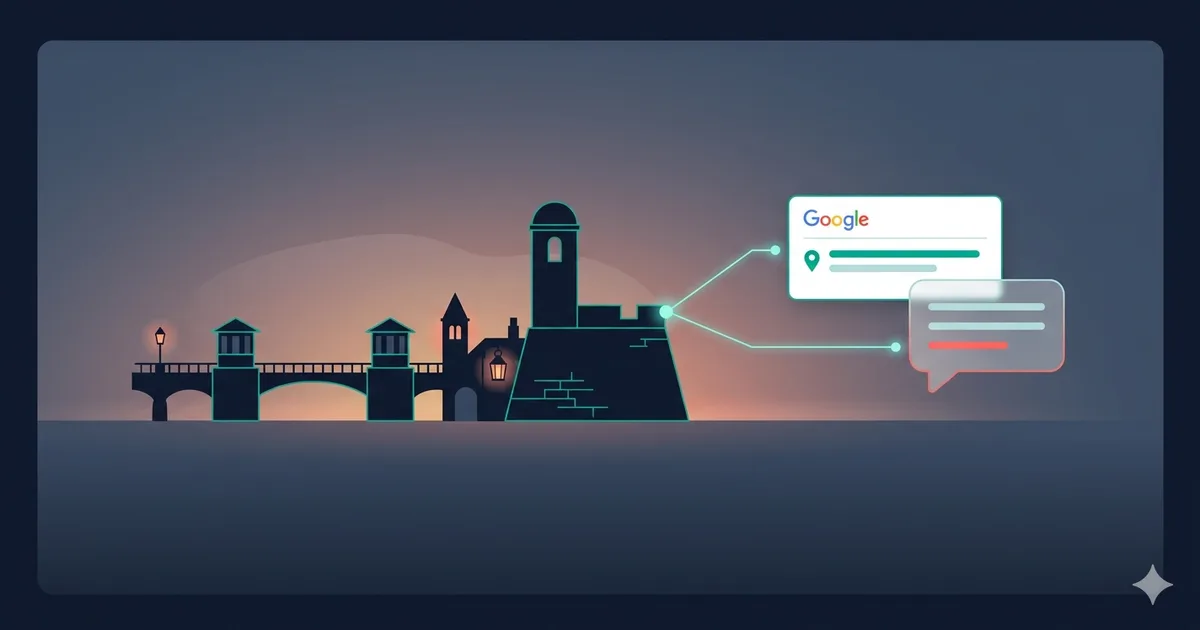 Stylized St. Augustine landmark silhouette with a floating Google search-result card and AI chat bubble connected by light lines — representing a local business being found through both traditional Google and AI search