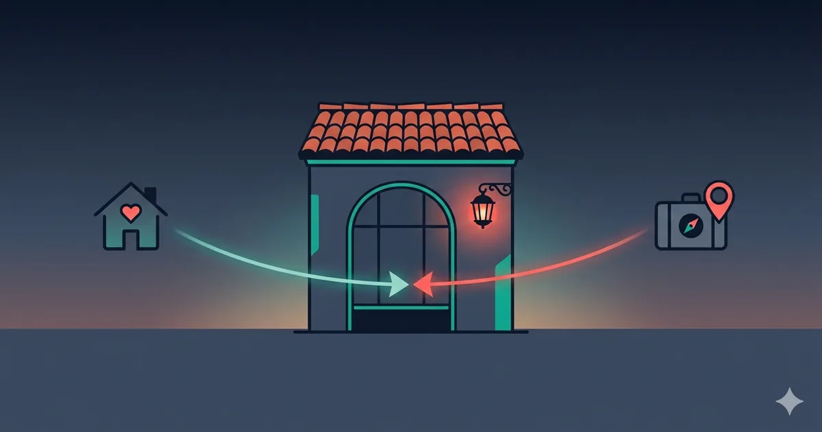 Stylized St. Augustine historic-district storefront with two arrows arcing toward it from opposite directions — one labeled-by-icon as a local resident, one as a visiting tourist — representing a small business serving both audiences