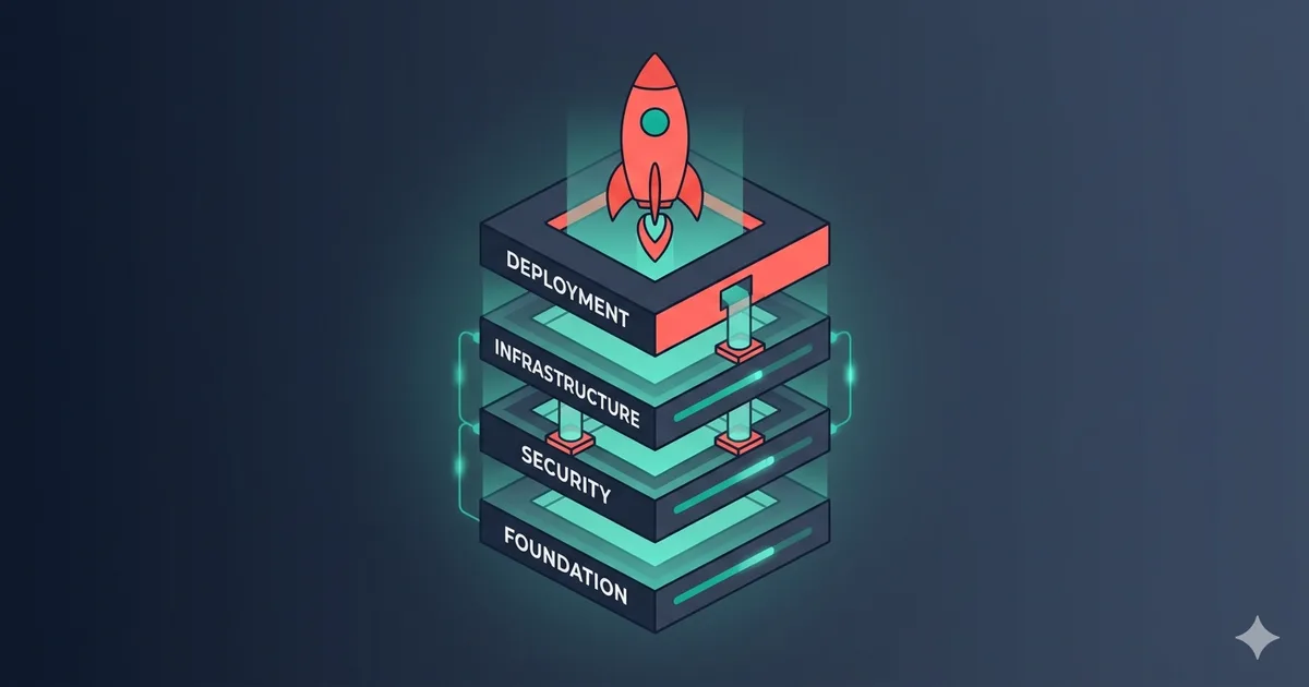 Layered diagram of a web application launch pipeline — foundation, security, infrastructure, deployment — stacked as building blocks with a rocket breaking through the top layer