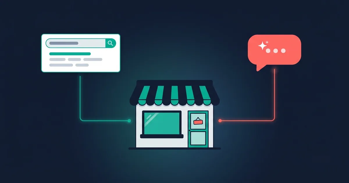 Stylized small-business storefront with a friendly search result and an AI chat bubble both pointing to it - representing a website that both Google and AI can easily find and recommend