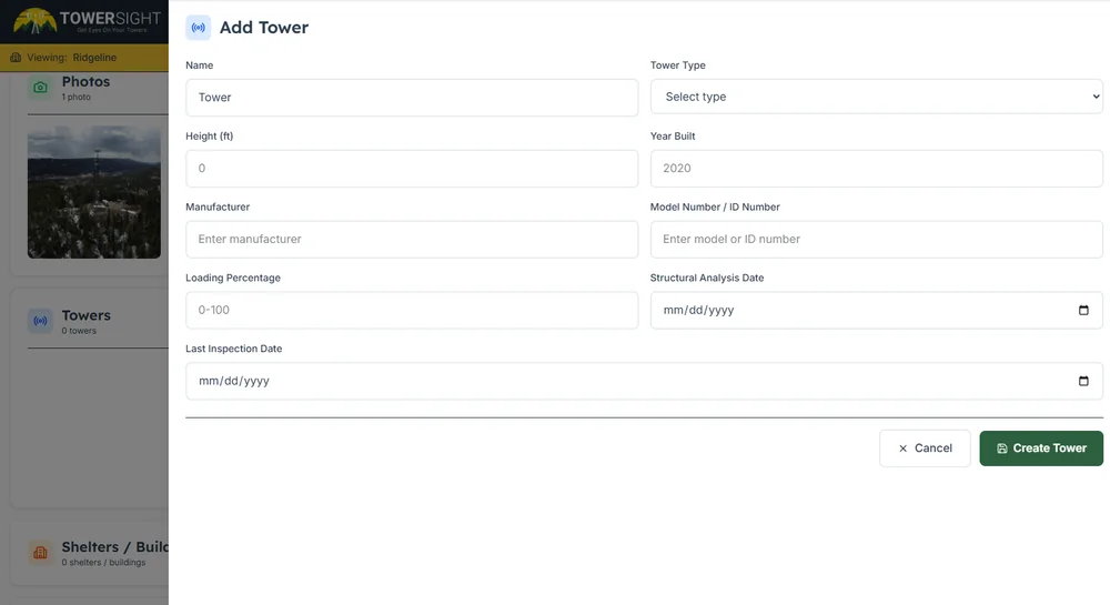 The TowerSight add-tower form capturing height, tower type, loading percentage, structural analysis date and last inspection date