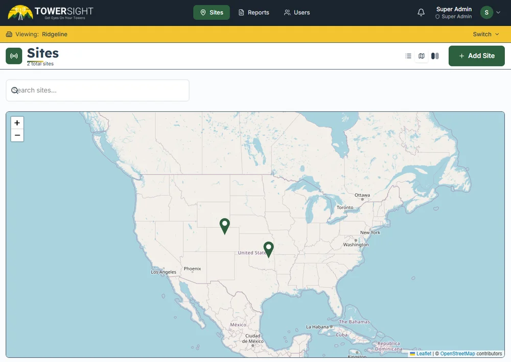 The TowerSight sites dashboard showing telecom site locations on an interactive map, scoped to the Ridgeline organization
