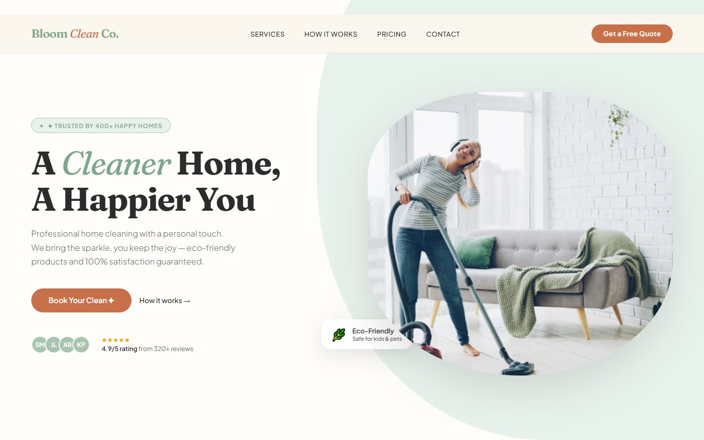 Bloom Clean Co. cleaning service website design with botanical styling