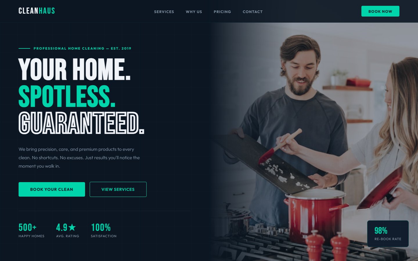 CleanHaus dark mode cleaning service website design with teal accents