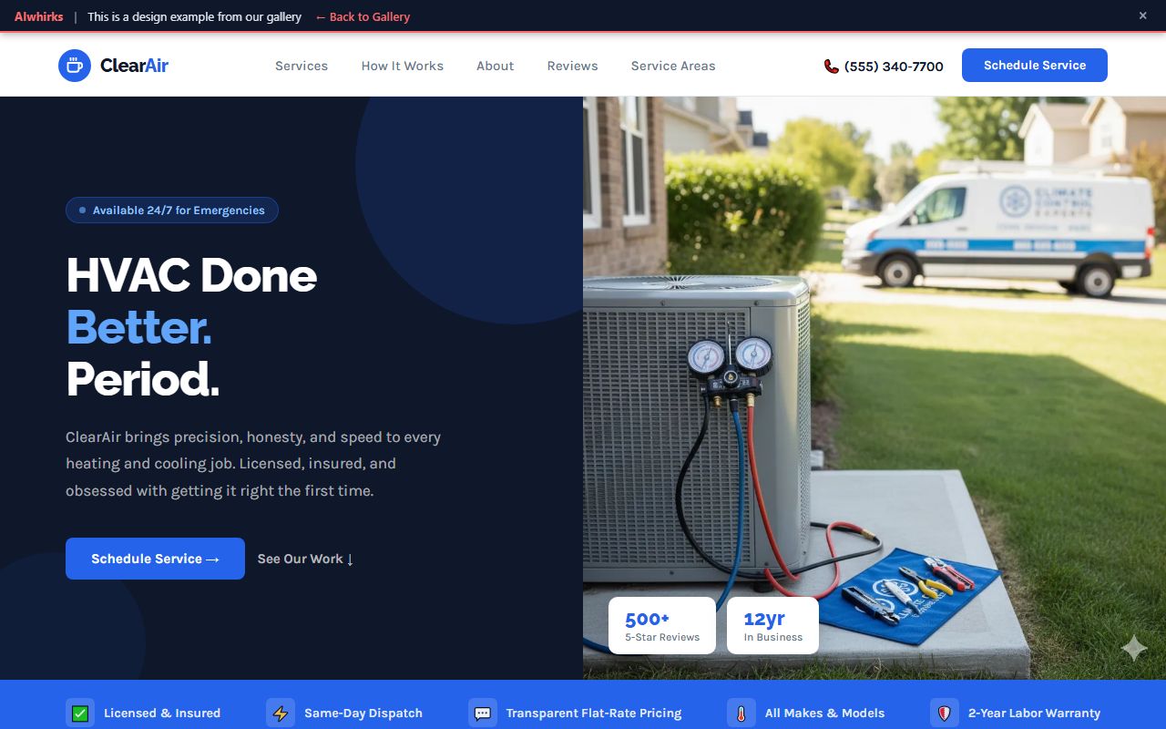 ClearAir HVAC modern craftsman website design with blue and white theme