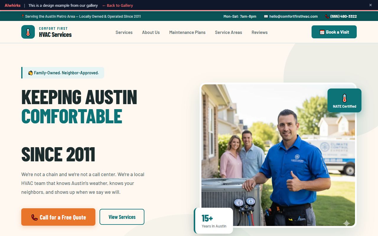 Comfort First HVAC reliable local website design with teal and amber theme