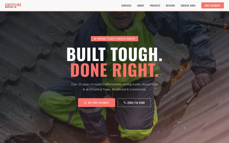 Crestline Roofing bold commanding website design with coral accents