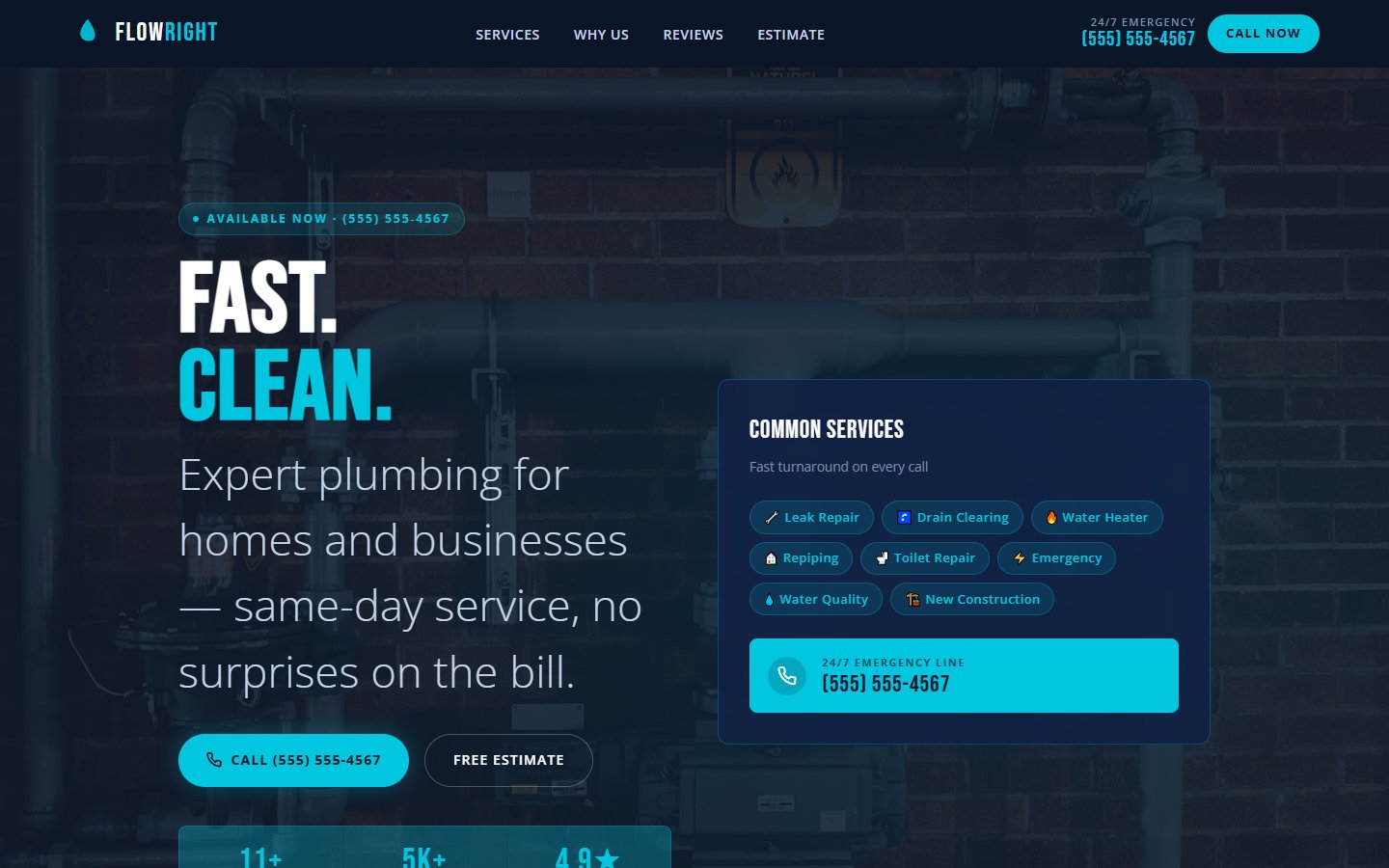 FlowRight Plumbing modern bold dark mode website design with cyan accents