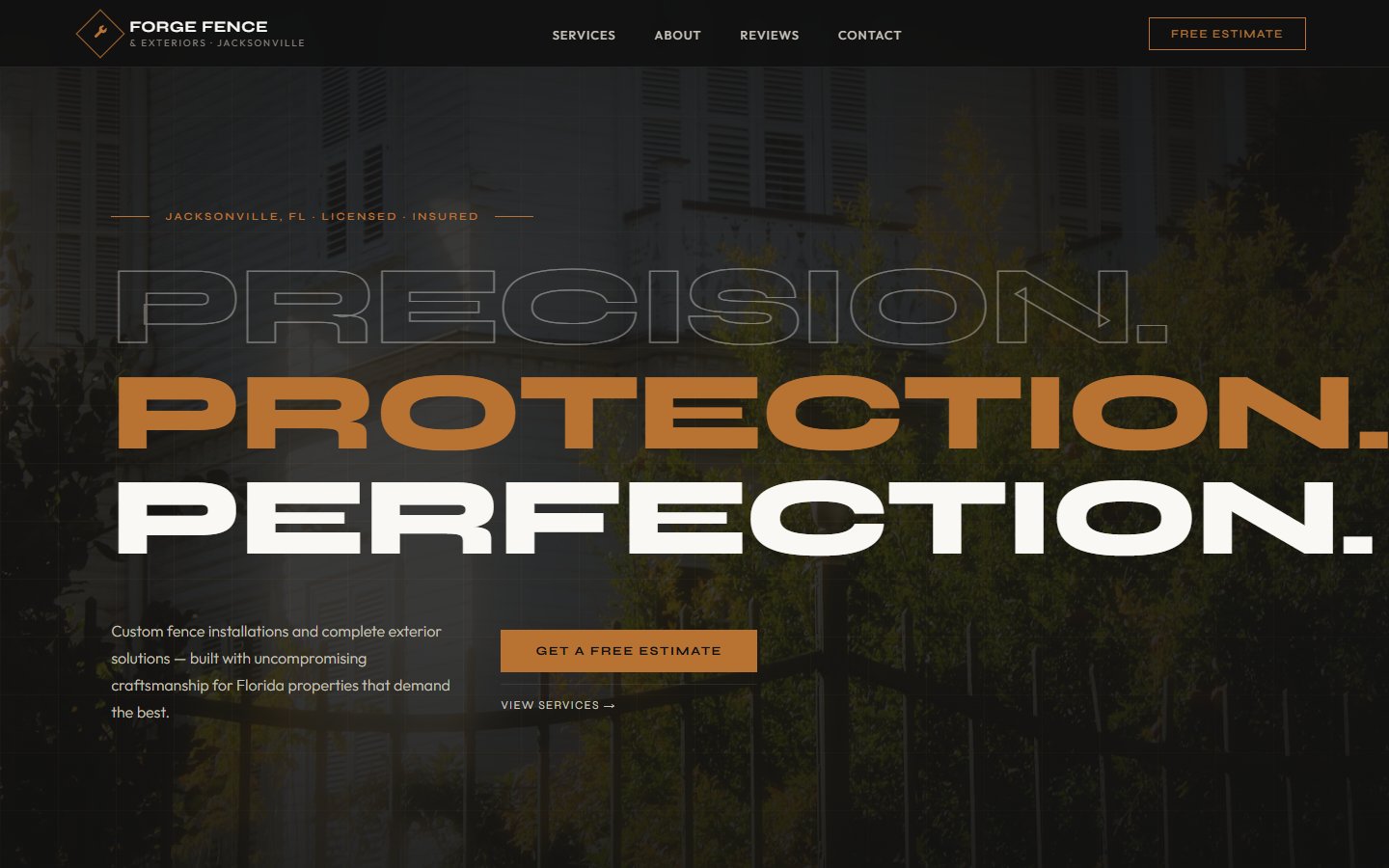 Forge Fence bold industrial dark-mode website design with copper accents