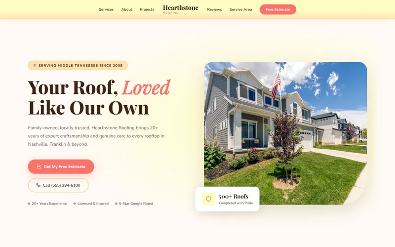 Hearthstone Roofing warm approachable website design with cream tones