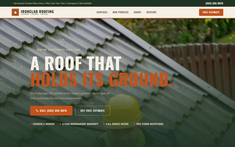 Ironclad Roofing rugged outdoor website design with earthy tones