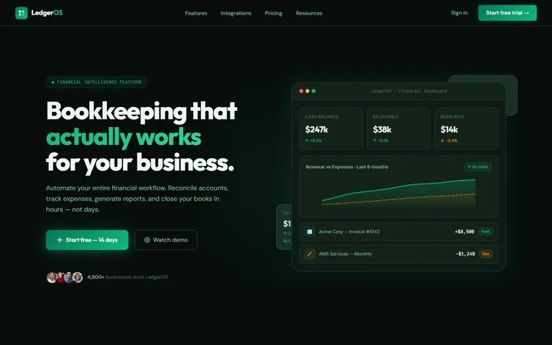 LedgerOS fintech platform website design with dark mode and green accents