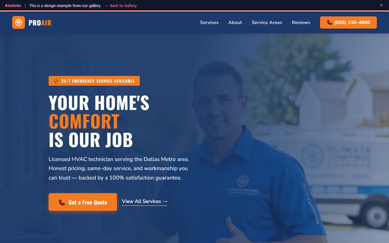ProAir HVAC neighborhood pro website design with navy and orange theme
