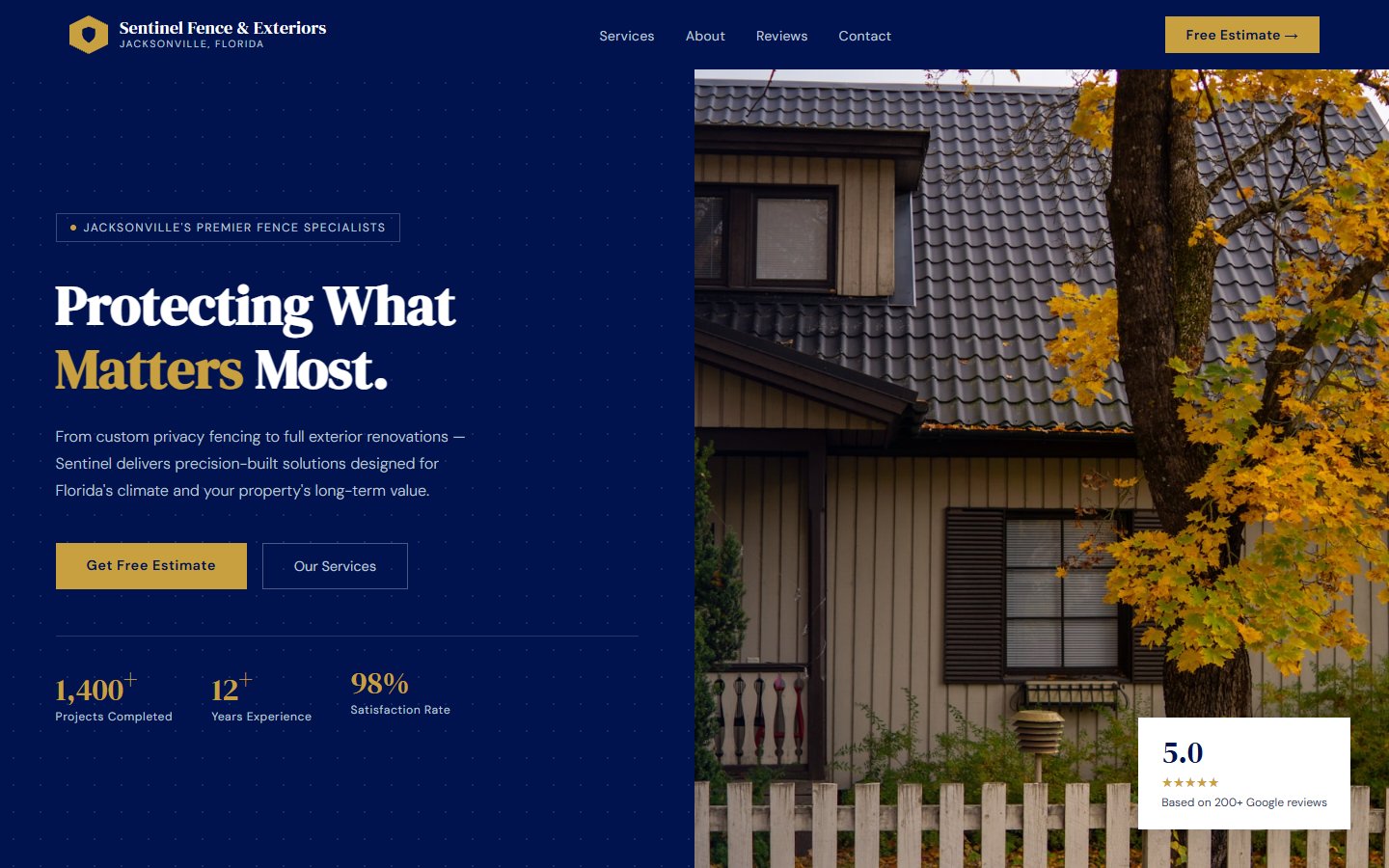 Sentinel Fence corporate navy and gold website design