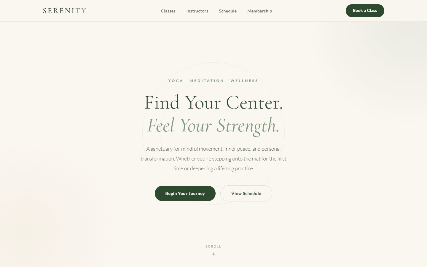 Serenity Yoga Studio elegant light website design with sage green and cream palette