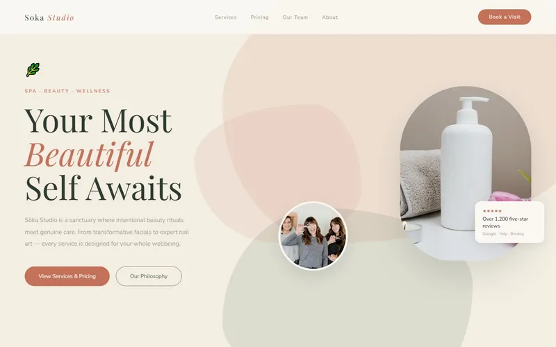 Sōka Studio spa and beauty website design with soft wellness-focused styling