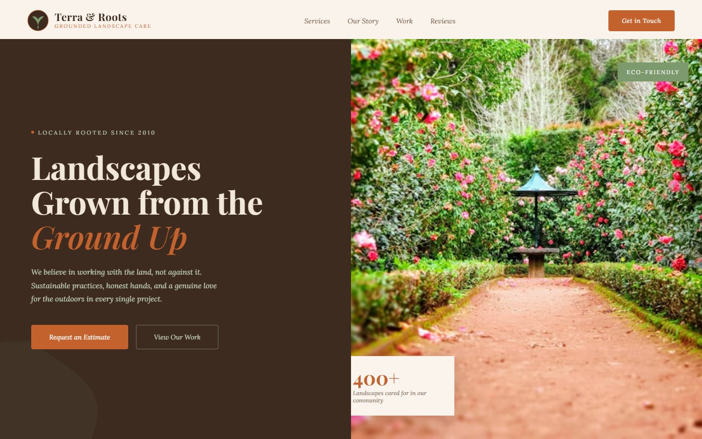 Terra & Roots landscaping website design with earthy organic styling