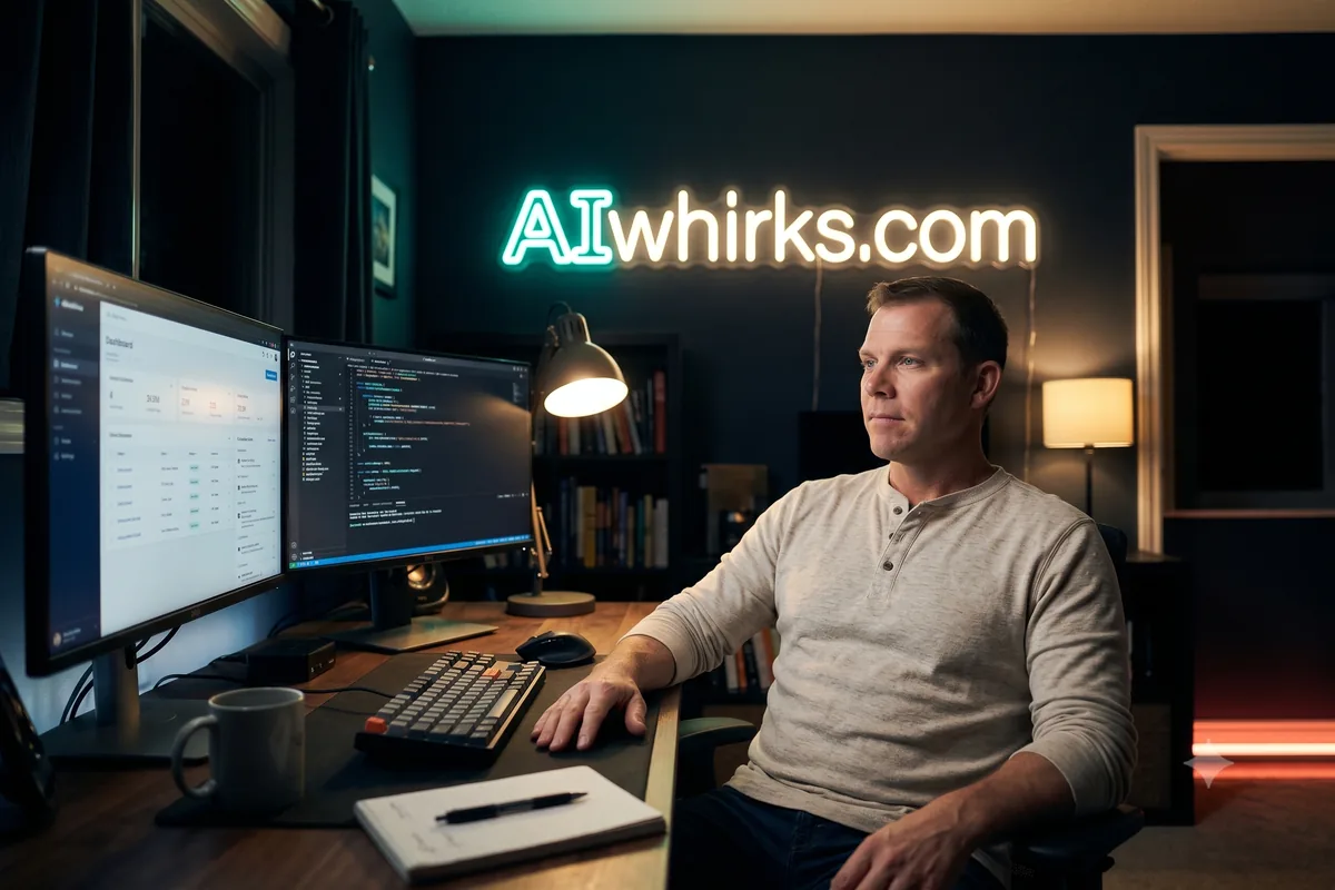Travis Sutphin at his home studio desk at night, an application dashboard and a code editor on the monitors beside him and an AIwhirks.com neon sign on the wall behind - the workspace where AIwhirks web applications get built