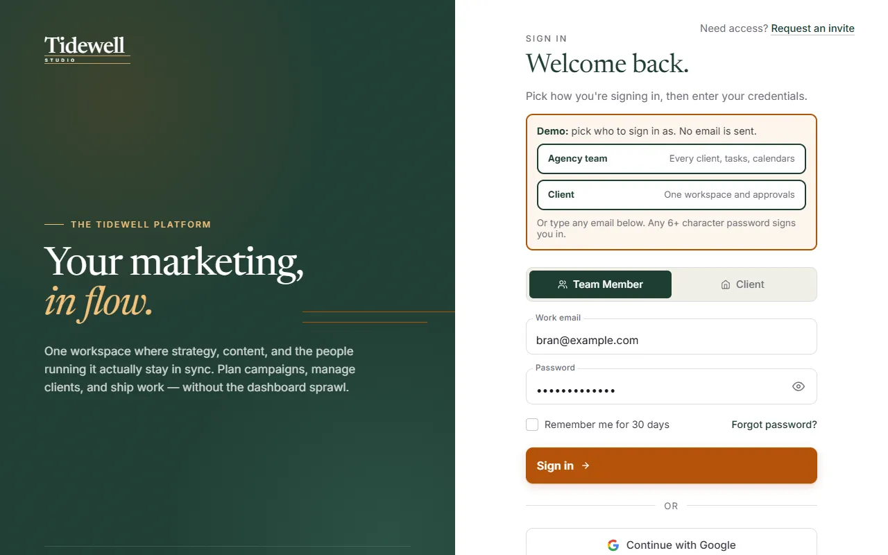 Tidewell sign-in screen in the Forest and Brass theme