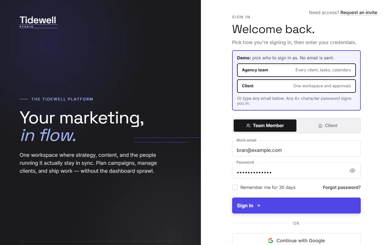 Tidewell sign-in screen in the Graphite and Indigo theme