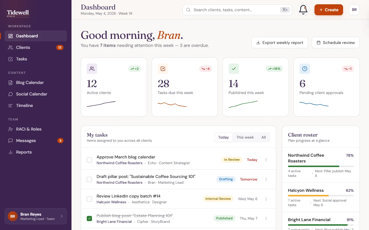 The same dashboard in the Plum and Ember theme, with a deep plum sidebar, burnt-orange buttons and serif headings