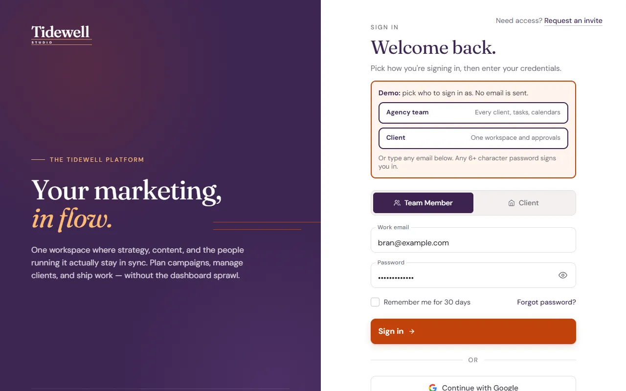 Tidewell sign-in screen in the Plum and Ember theme