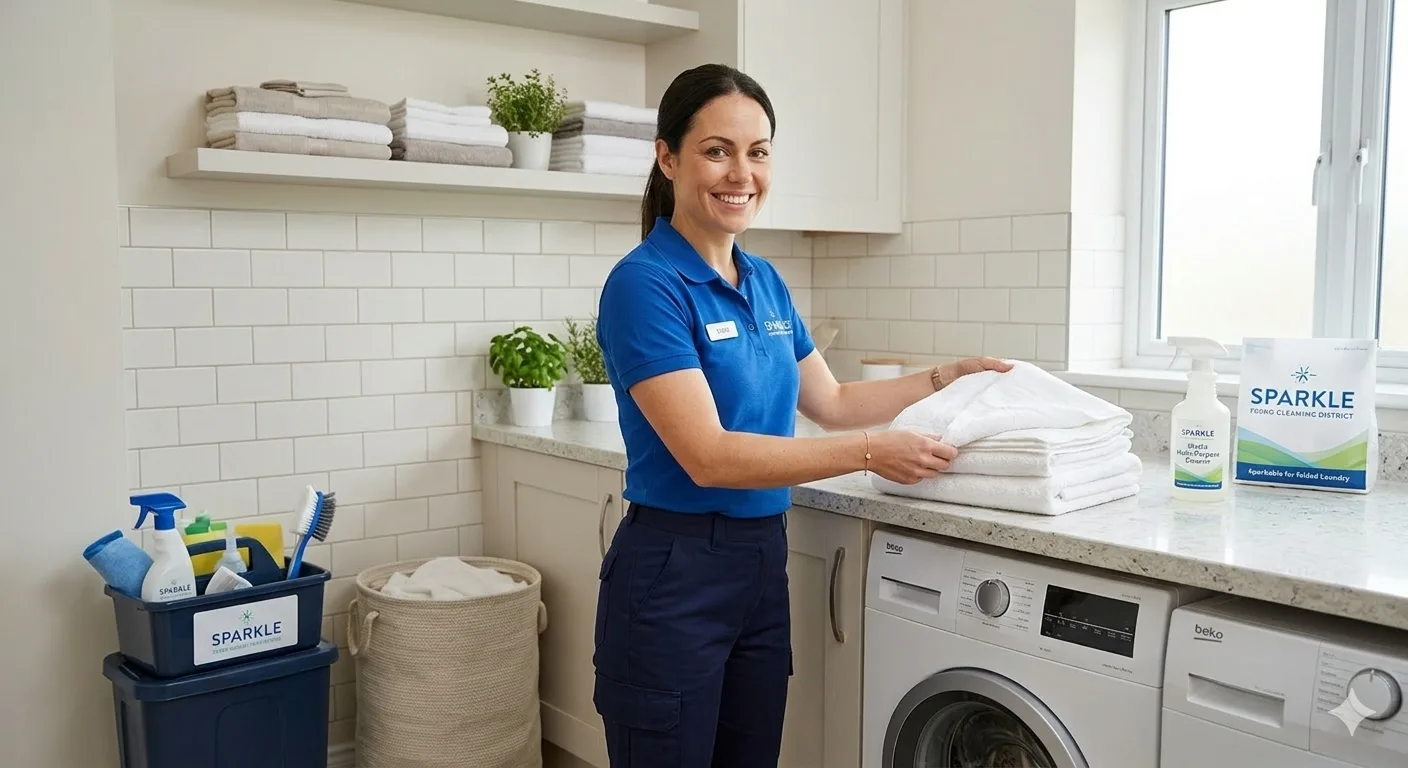 Professional cleaner in blue uniform folding fresh white towels in a bright laundry room