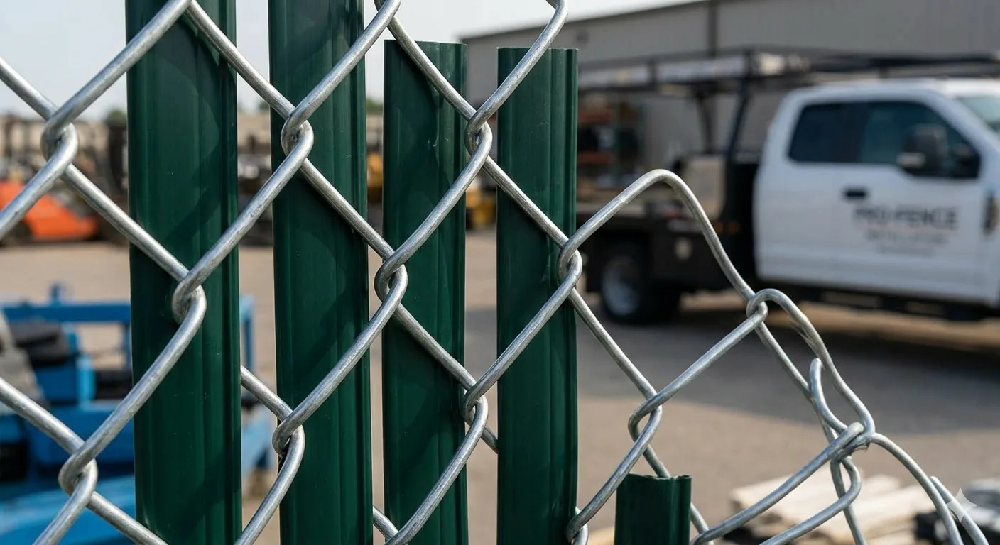 Close-up of chain link fence roll with green vinyl-coated posts at a fencing supply yard with work truck