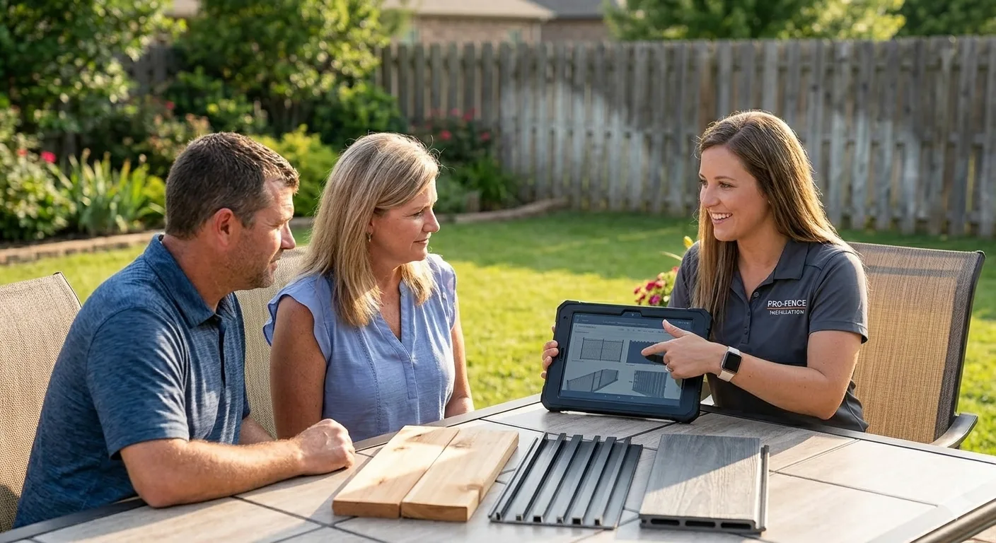 Fencing sales rep showing fence design options on a tablet to a couple at their backyard patio table with material samples
