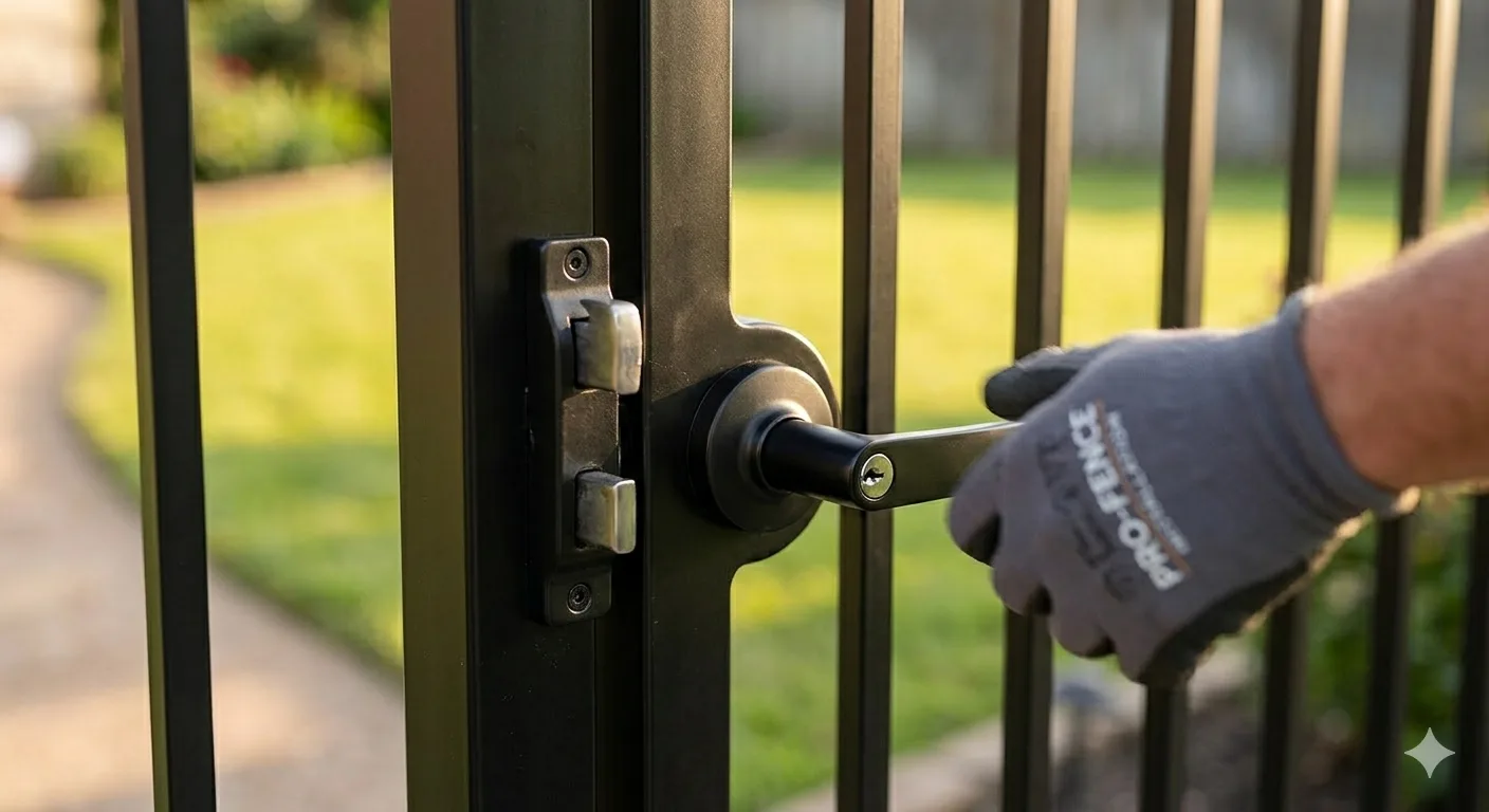 Close-up of a gloved hand operating a bronze latch and handle on a black iron gate with green lawn in background