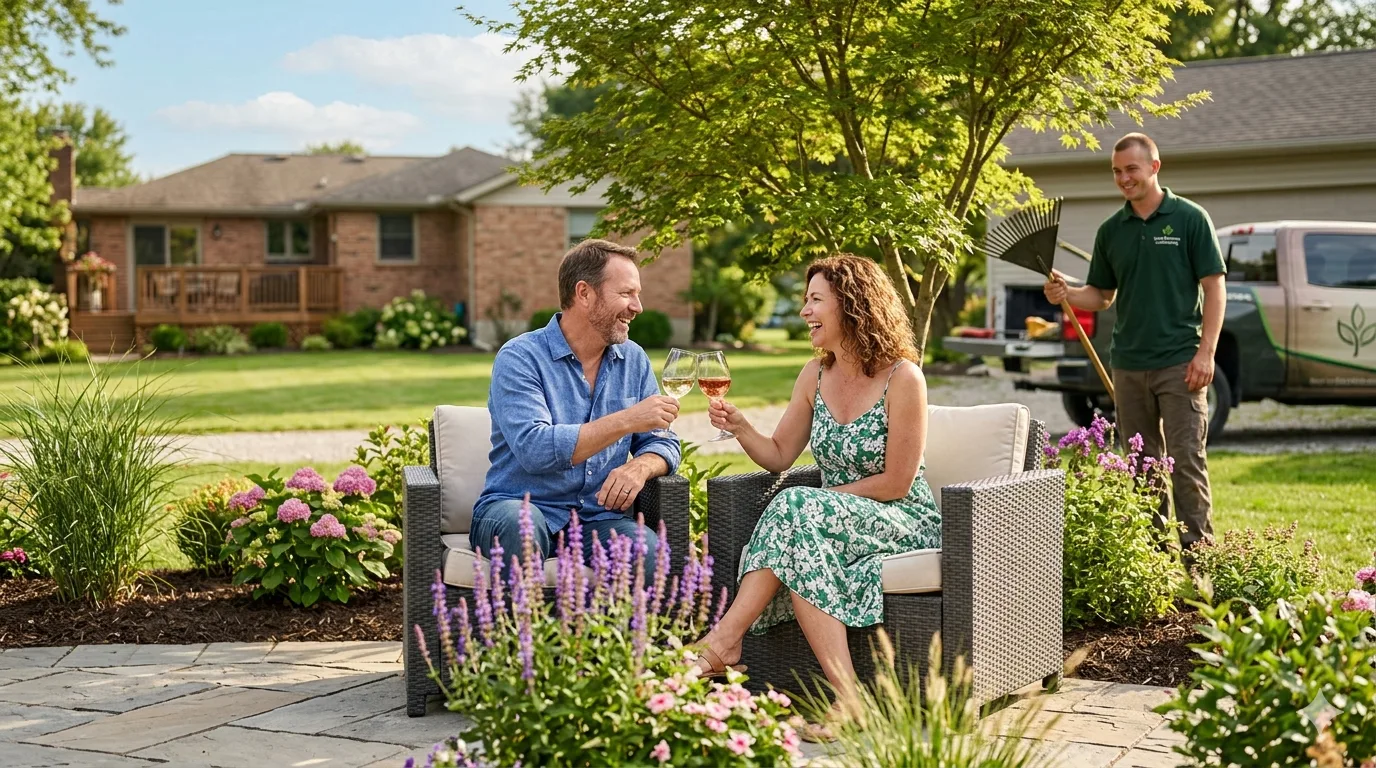 Couple toasting wine glasses on a patio surrounded by colorful flower beds while landscaper works in the background
