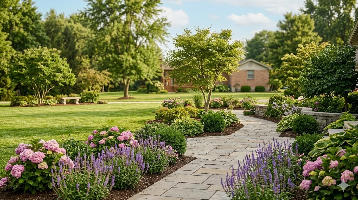 Stone paver pathway winding through lush flower beds with hydrangeas, lavender, and hostas in a manicured suburban yard