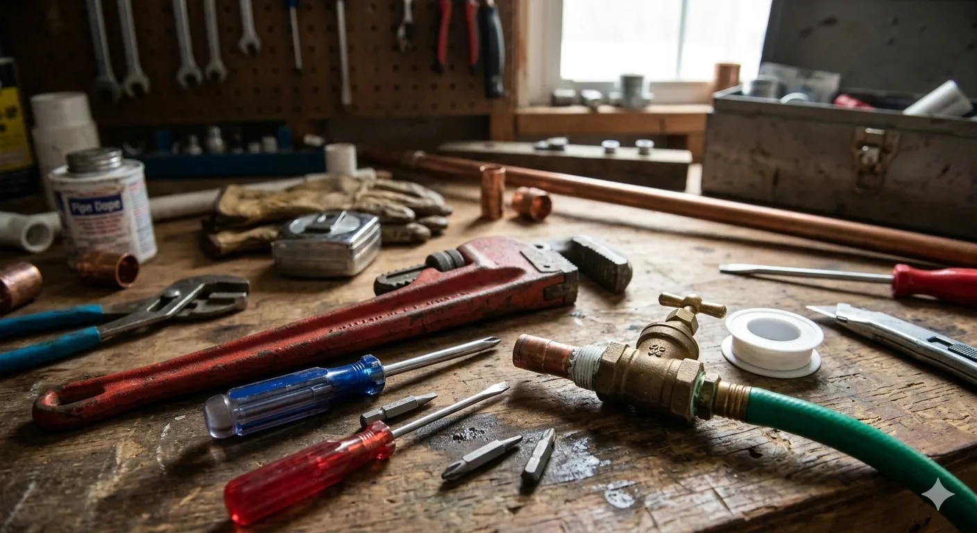 Plumbing tools and fittings spread across a rustic wooden workbench including pipe wrench, screwdrivers, and brass valve