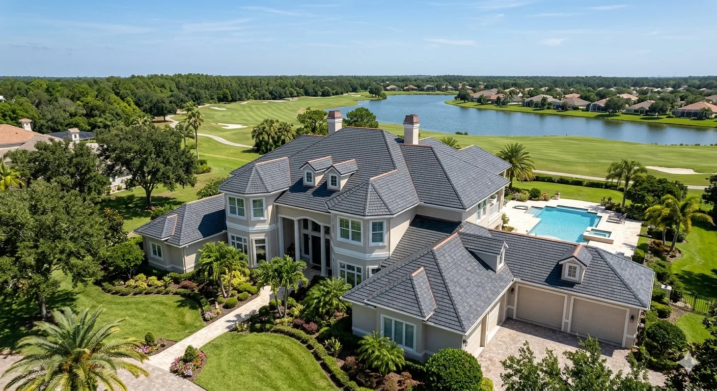 Aerial drone view of a luxury estate home with a new dark gray tile roof, pool, and golf course in the background
