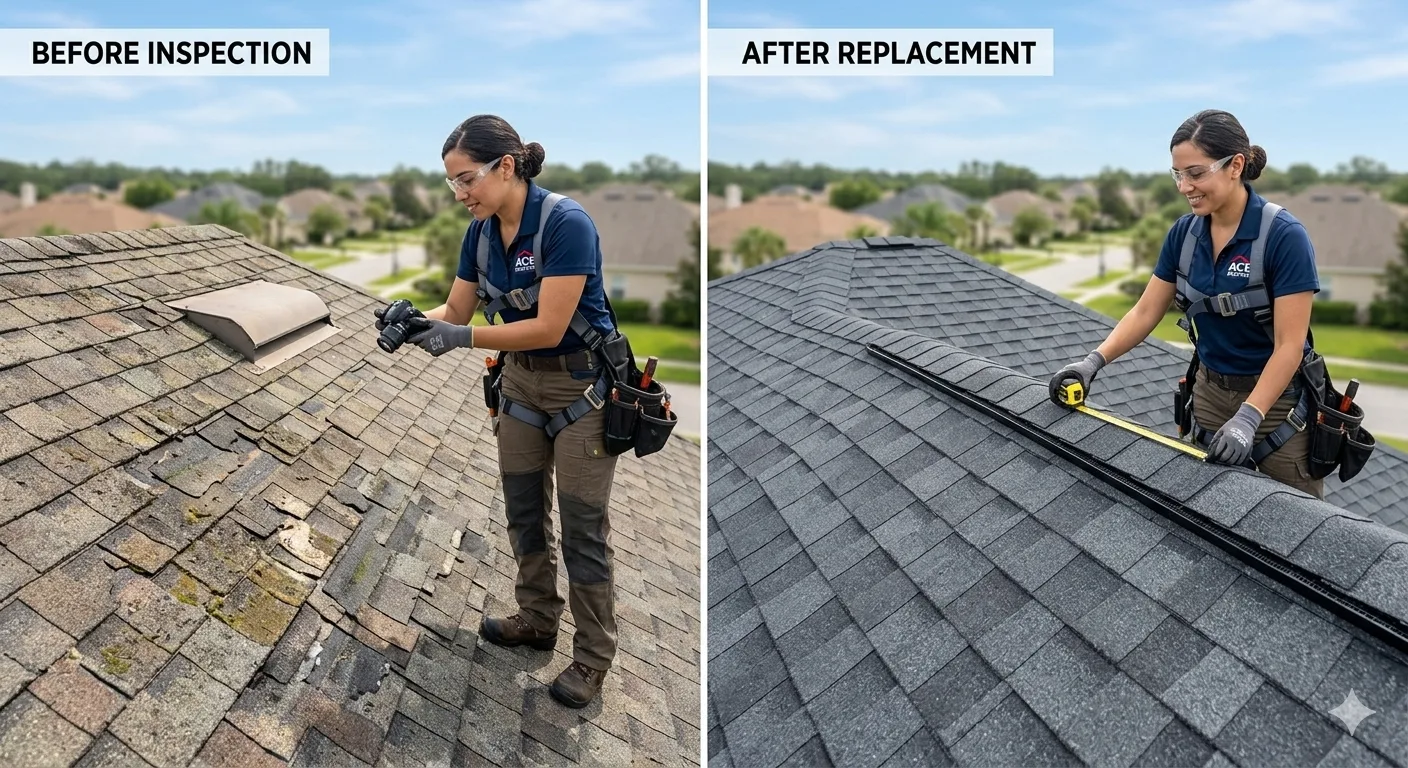 Side-by-side before and after of a roof inspector examining damaged shingles on the left and measuring a new replacement roof on the right