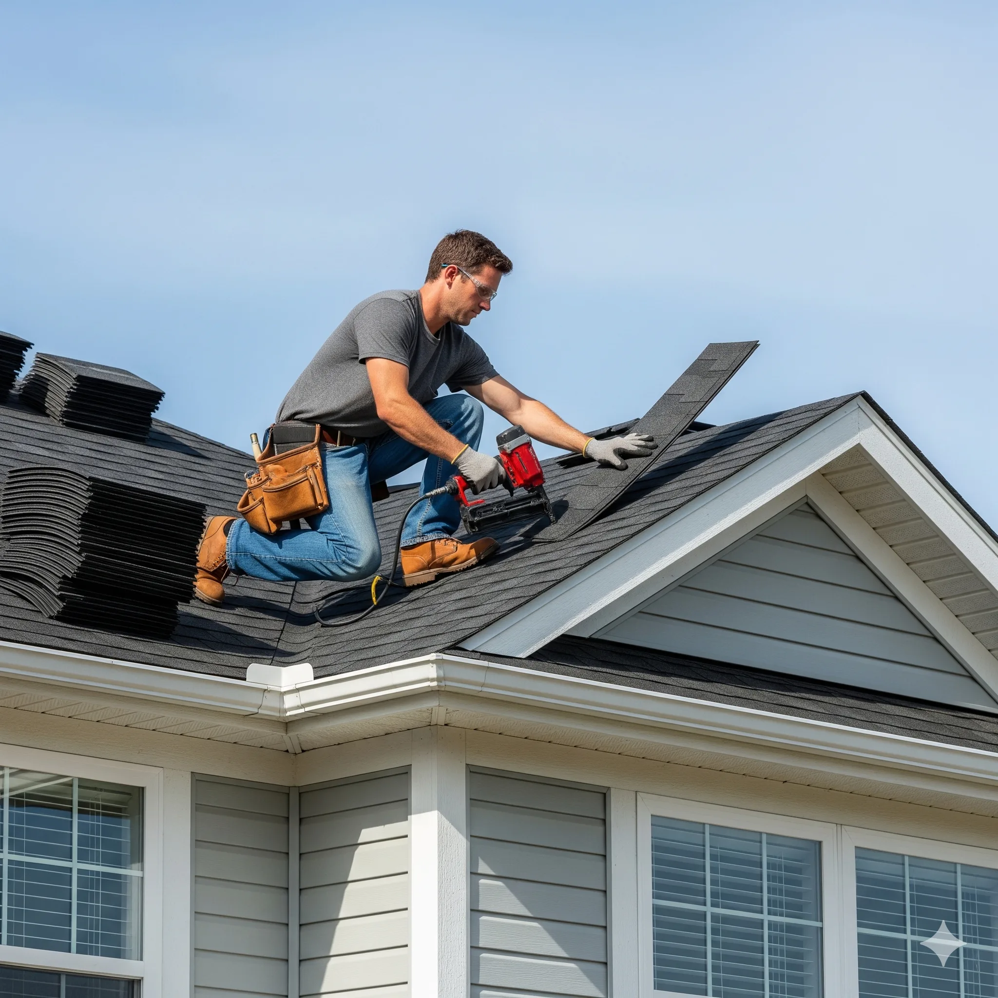 Roofer kneeling on a residential roof installing dark shingles with a pneumatic nail gun against a clear blue sky