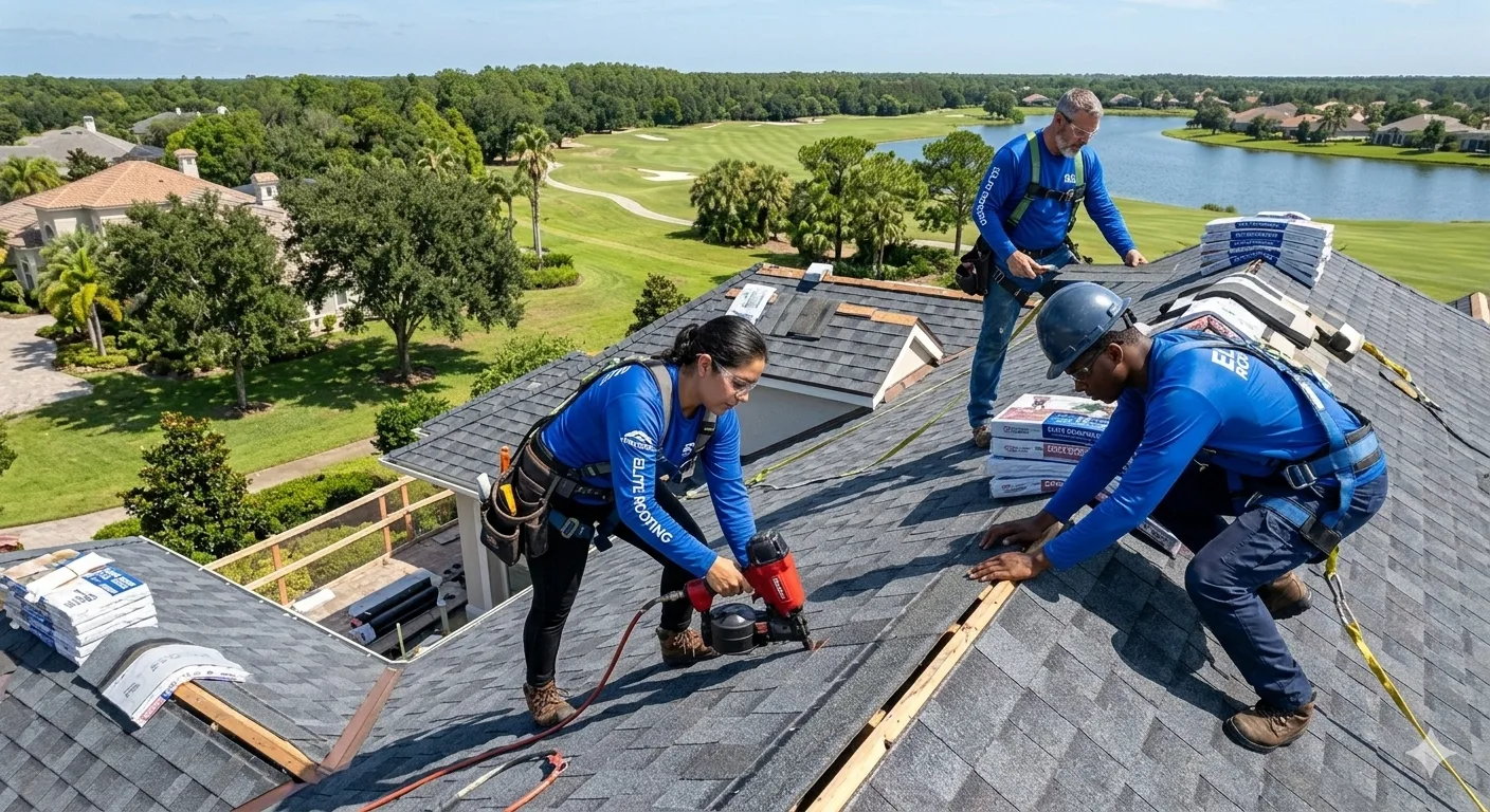 Three-person roofing crew in blue shirts installing dark shingles with a nail gun on a luxury home overlooking a golf course