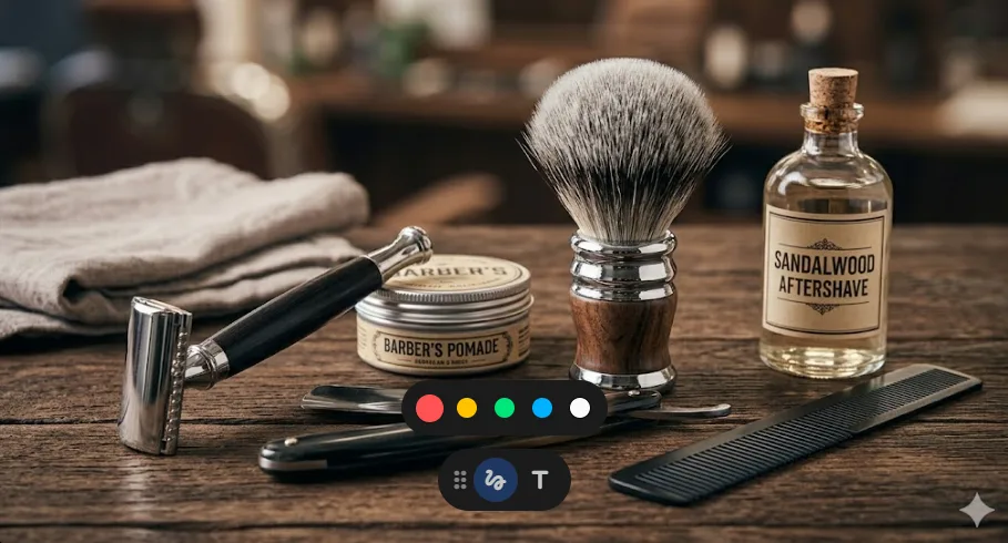 Classic barbershop tools on a wooden surface including safety razor, straight razor, shaving brush, pomade tin, sandalwood aftershave, and comb
