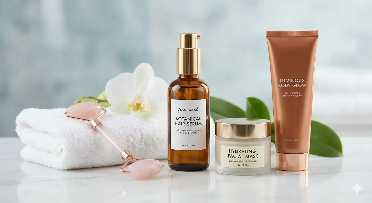 Luxury beauty products on marble surface including botanical hair serum, hydrating facial mask, body glow lotion, jade roller, and white orchid