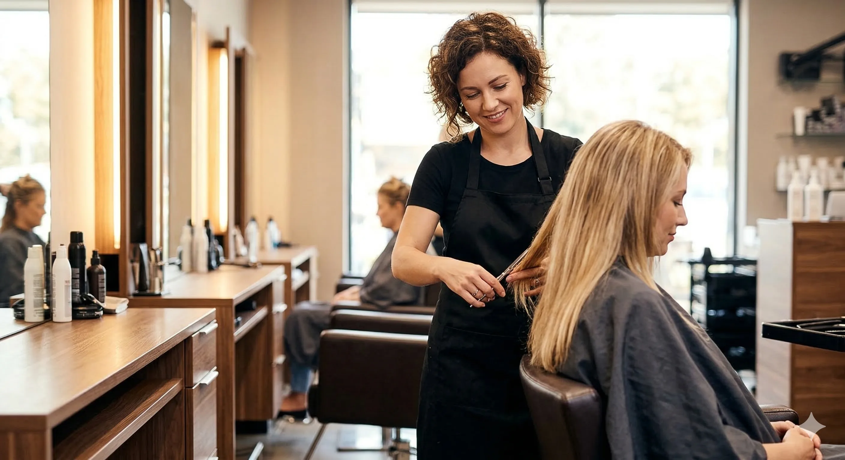 Female hair stylist in black apron trimming a blonde client hair in a bright modern salon with large windows